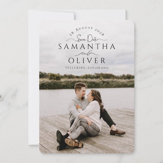 Boho Handwritten Photo Save the Date Card (Front)