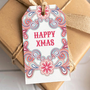 Boho Happy Xmas Red and Purple swirls Gift Tags