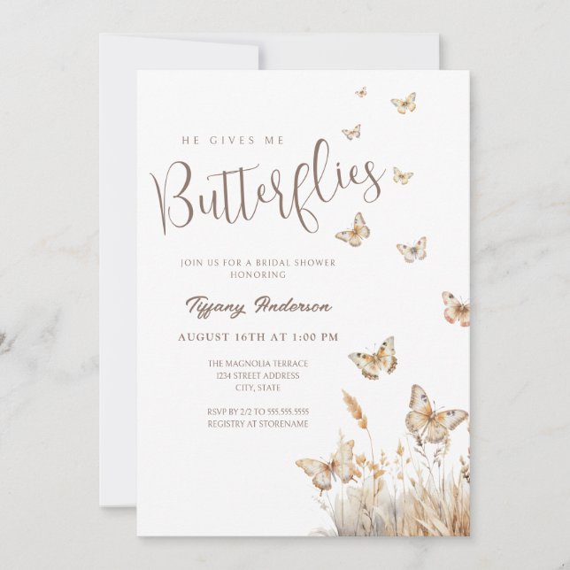 Boho He Gives Me Butterflies Bridal Shower Invitation (Front)