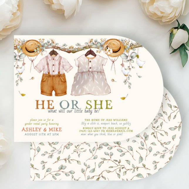 Boho He or She Clothing Neutral Gender Reveal Invitation (Creator Uploaded)