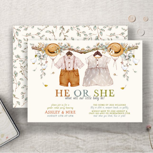 Boho He or She Clothing Neutral Gender Reveal Invitation (Easily personalize this sweet gender neutral boho gender reveal invitation for the perfect invite)
