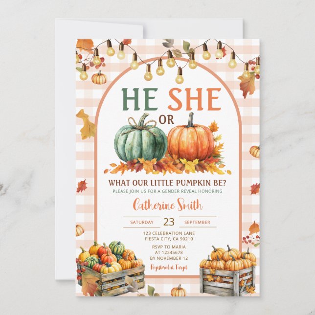 Boho He or She Pumpkin Gender Reveal Fall Autumn Invitation (Front)
