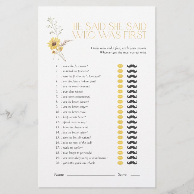 Boho He Said She Said Sunflower Bridal Shower Game (Front)
