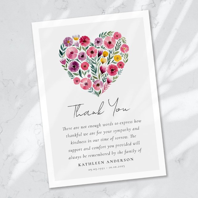 Boho Heart Floral Sympathy Funeral Thank You Card (Creator Uploaded)