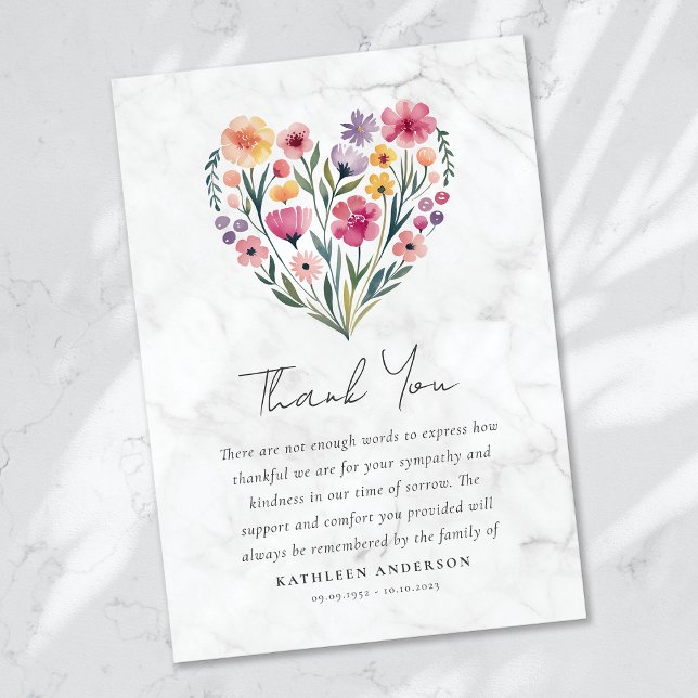 Boho Heart Floral Sympathy Funeral Thank You Card (Creator Uploaded)