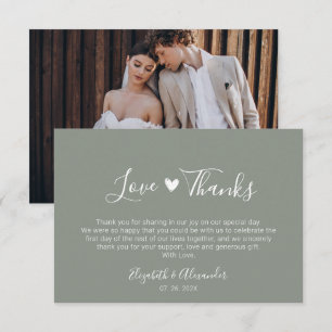 Boho Heart Script Sage Green Wedding Photo Thank You Card