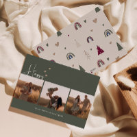 Boho Hearts Happy Green Three Photo Christmas