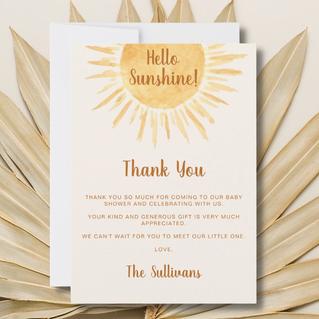 Boho Hello Sunshine Baby Shower Thank You Card (Creator Uploaded)