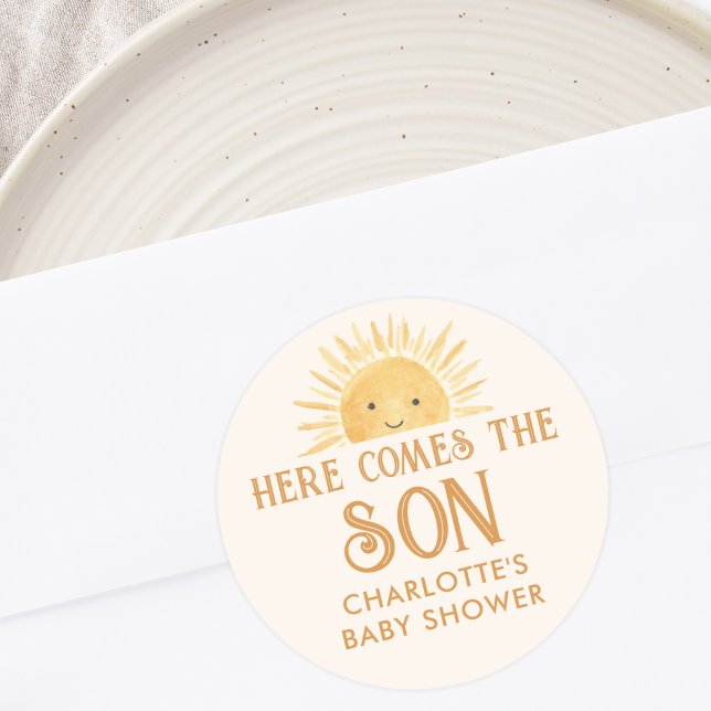 Boho Here Comes The Son Baby Shower  Classic Round Sticker (Creator Uploaded)