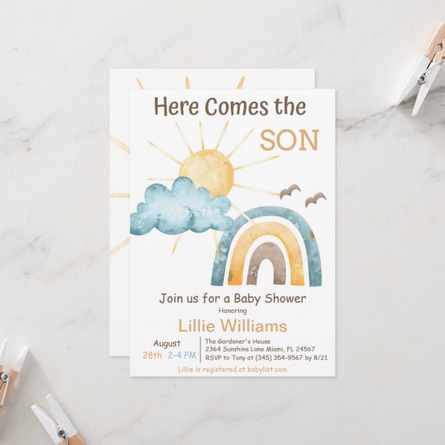 Boho Here Comes The Son Baby Shower Invitation (Front/Back In Situ)