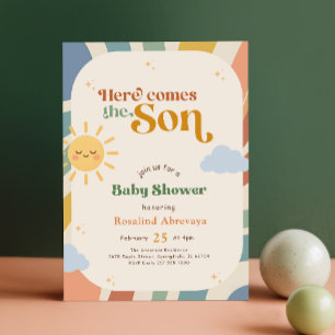 Boho Here Comes The Son Retro Sunshine Baby Shower Invitation