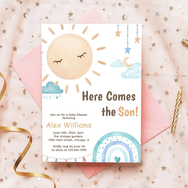 Boho Here Comes the Son Sunshine Baby Shower Boy Invitation (Creator Uploaded)
