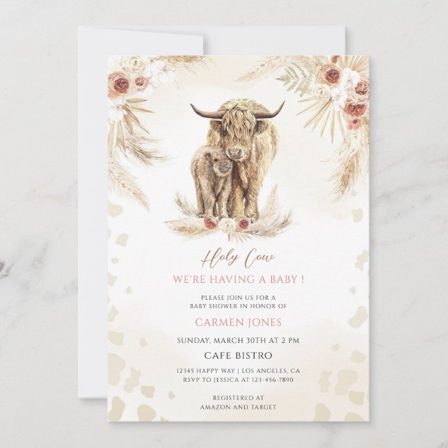 Boho Highland Cow Baby Shower Invitation (Front)