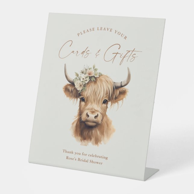 Boho Highland Cow Bridal Shower Cards and  Gifts Pedestal Sign (Front)