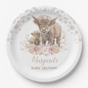 Boho Highland Cow Floral Pampas Grass Baby Girl Paper Plate