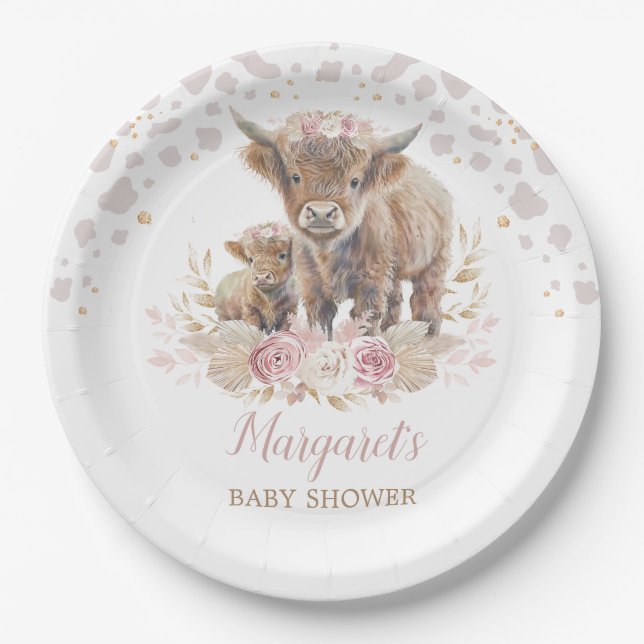 Boho Highland Cow Floral Pampas Grass Baby Girl Paper Plate (Front)