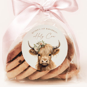 Boho Highland Cow Kids Birthday Party Classic Round Sticker