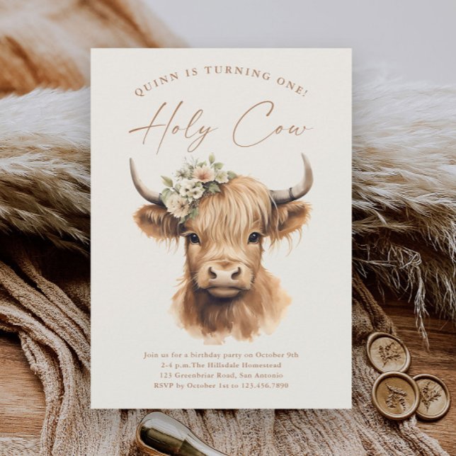 Boho Highland Cow Kids Birthday Party Invitation (Boho highland cow kids girls first birthday party invitations.)