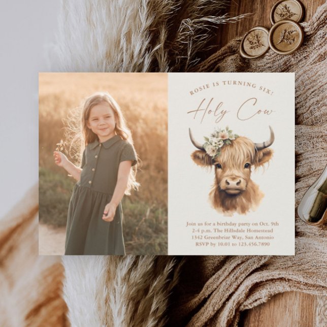 Boho Highland Cow Kids Photo Birthday Party Invitation (Boho Highland Cow Kids Girls Photo Birthday Party Invitations.)