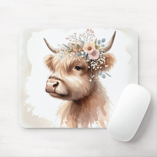 Boho Highland Cow Mouse Pad (With Mouse)