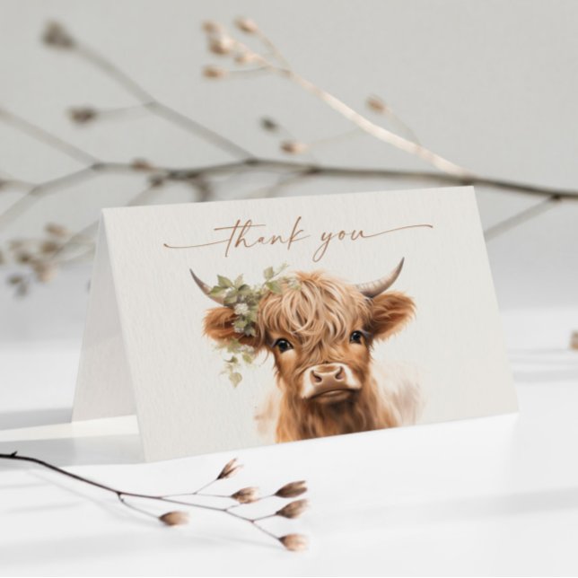 Boho Highland Cow Neutral Couples Baby Shower Thank You Card (Boho highland cow baby shower thank you card.)