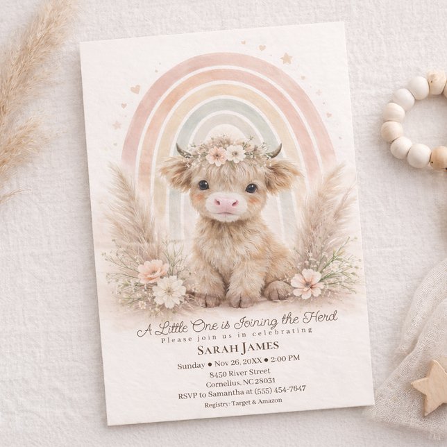 Boho Highland Cow Neutral Rainbow Baby Shower Invitation (Creator Uploaded)