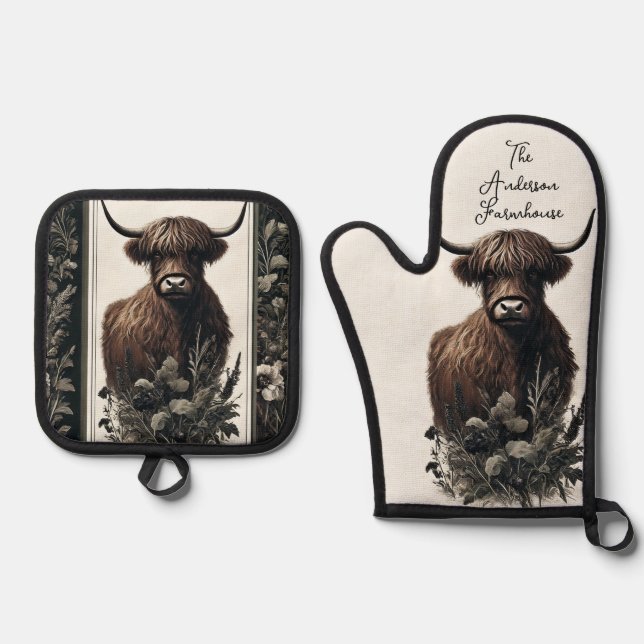 Boho Highland Cow Oven Mitt & Pot Holder Set (Front)
