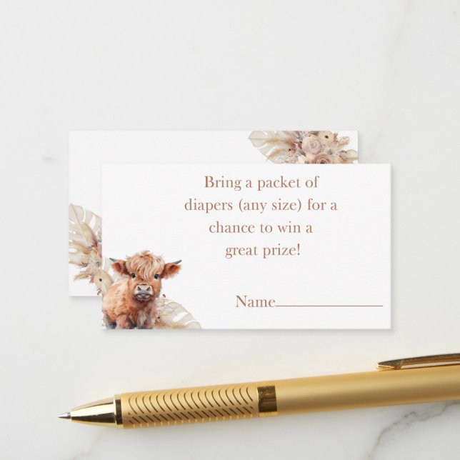 Boho Highland Cow pampas grass diaper raffle Enclosure Card (Front/Back In Situ)