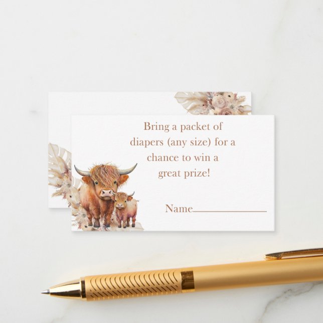 Boho Highland Cow pampas grass diaper raffle Enclosure Card (Front/Back In Situ)