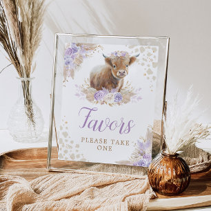 Boho Highland Cow Purple Birthday Favours Sign