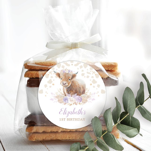 Boho Highland Cow Purple Roses Floral 1st Birthday Classic Round Sticker (Creator Uploaded)