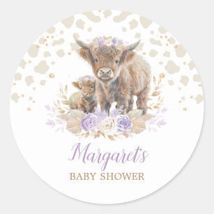 Boho Highland Cow Purple Roses Floral Baby Girl Classic Round Sticker