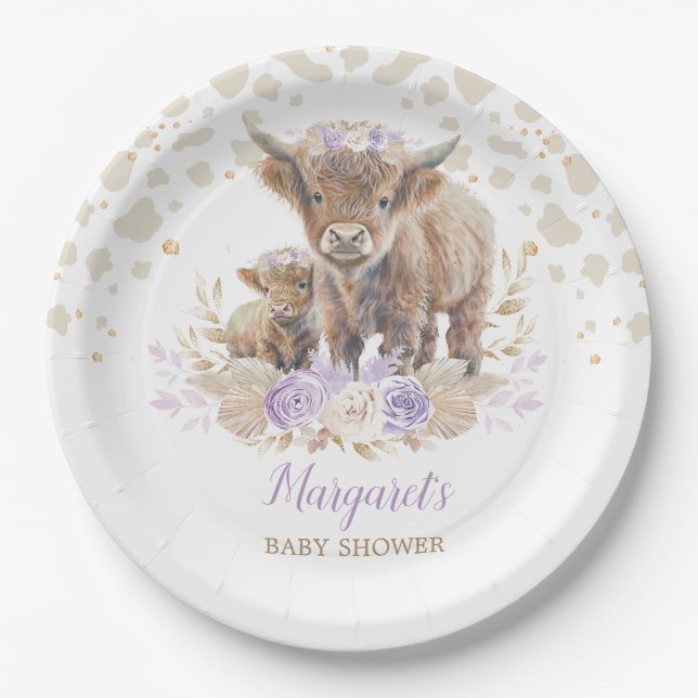 Boho Highland Cow Purple Roses Floral Baby Girl Paper Plate (Front)