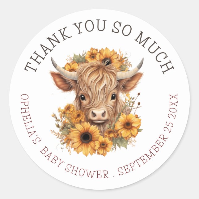 Boho Highland Cow Thank You Baby Shower Classic Round Sticker (Front)