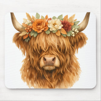 Boho Highland Cow Throw Pillow with Floral Crown | Mouse Pad