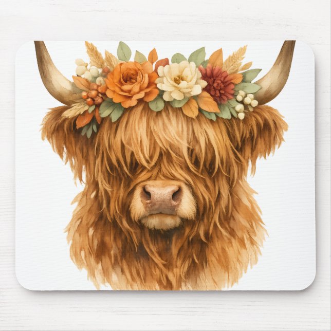 Boho Highland Cow Throw Pillow with Floral Crown | Mouse Pad (Front)