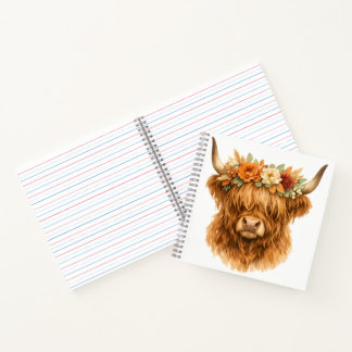 Boho Highland Cow Throw Pillow with Floral Crown | Notebook