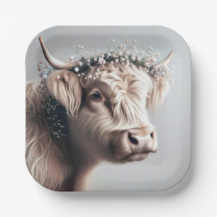 Boho Highland Cow With Baby's Breath Crown Paper Plate