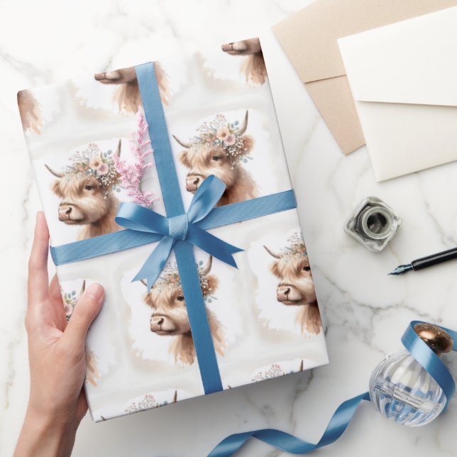 Boho Highland Cow With Bridal Flowers Wrapping Paper (Gifting)