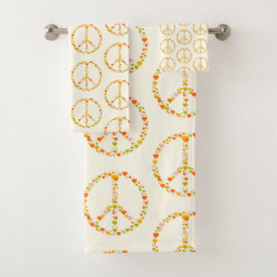 Boho Hippie Floral Peace Sign Pattern in Yellow  Bath Towel Set