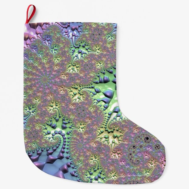 Boho Hippie Groovy Shiny Colourful Rainbow Fractal Large Christmas Stocking (Front)