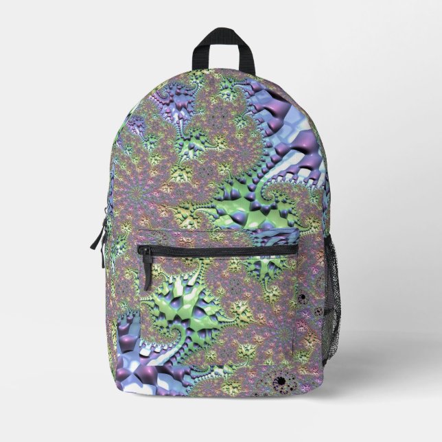 Boho Hippie Groovy Shiny Colourful Rainbow Fractal Printed Backpack (Front)