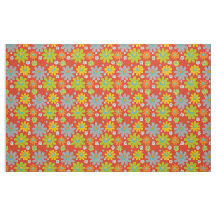 Boho Hippie Multicolor Daisies on Red/Orange Fabric