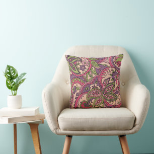 Boho Hippie Pink/Green/Purple Floral Paisley 16X16 Cushion