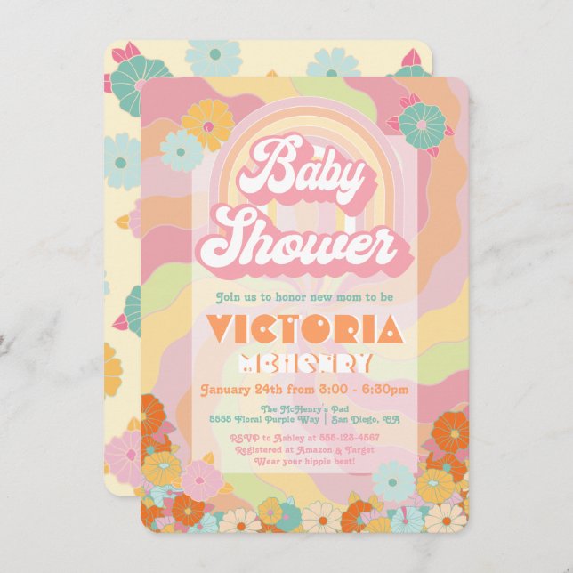 Boho Hippie Rainbow Floral Baby Shower Invitation (Front/Back)