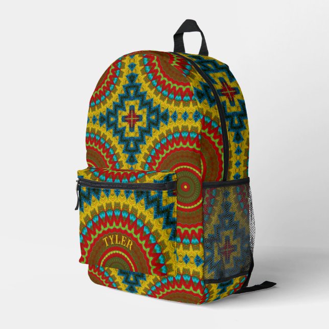  Boho Hippie Red Yellow Blue Vintage Tribal Ethnic Printed Backpack (Back Corner Right)