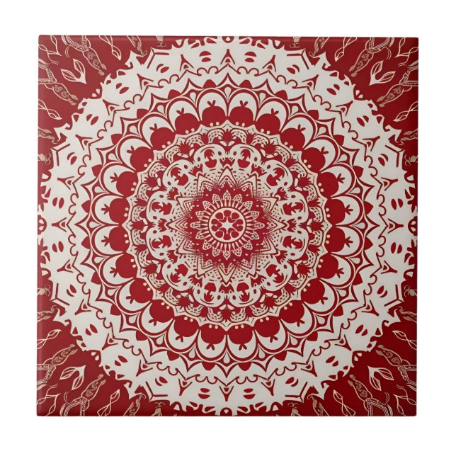 Boho Hippie Tibetan Inspired Red Mandala  Tile (Front)