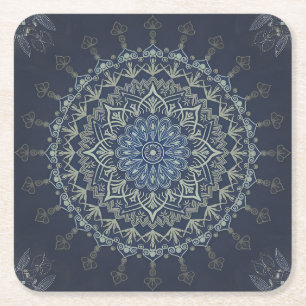 Boho Hippie Tibetan Style Blue Intricate Mandala  Square Paper Coaster