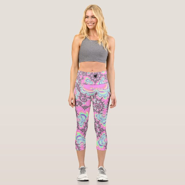 Boho Hippie Unicorn Pastel Mandelbrot Fractal Capri Leggings (Front)