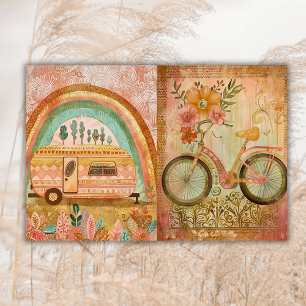 Boho Hippie Watercolor Camper Bike Junk Journal  Tissue Paper